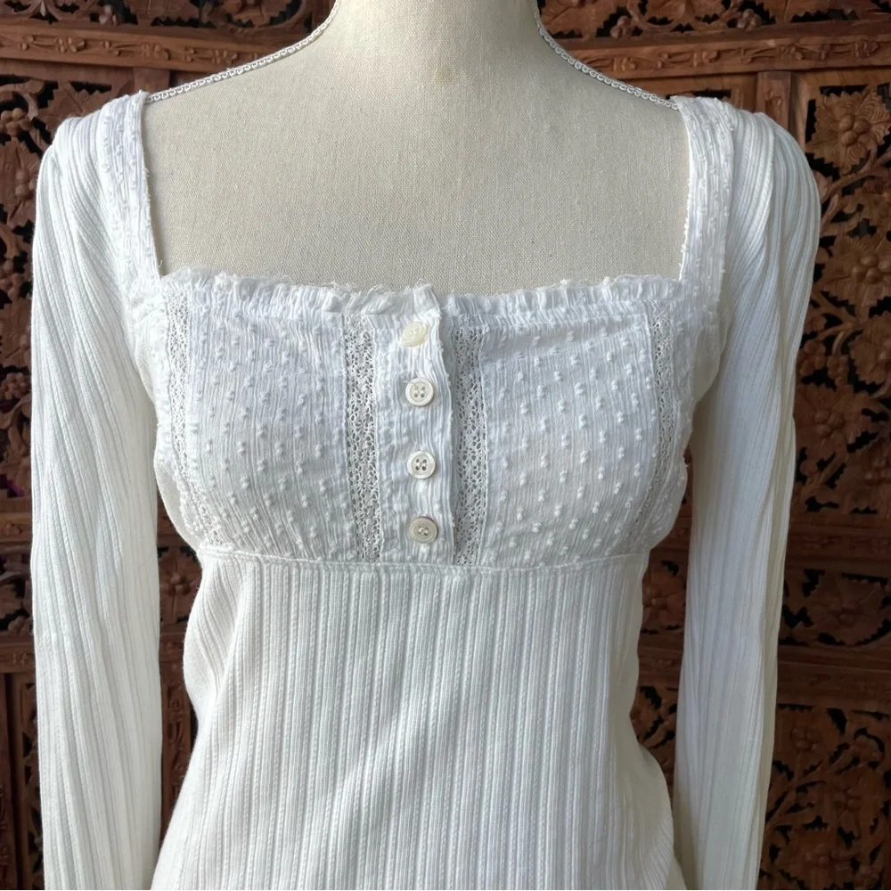 Free People White cotton lace Square-Neck Ribbed Long-Sleeve Top - Picture 3 of 7
